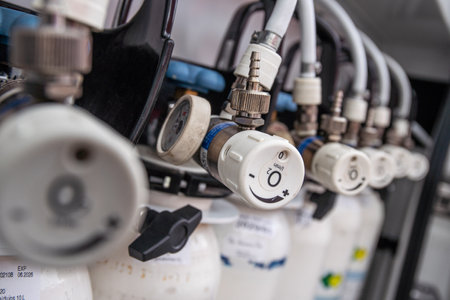 Medical oxygen cylinders. Close up shot of oxygen breathing cylinder.のeditorial素材