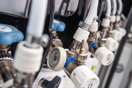Medical oxygen cylinders. Close up shot of oxygen breathing cylinder.のeditorial素材