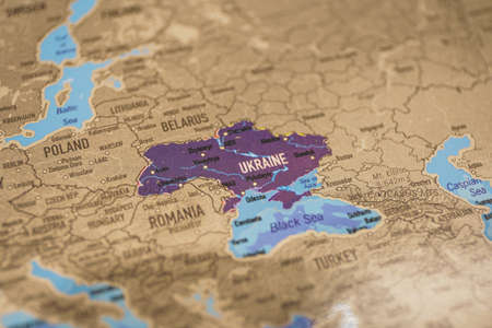 Ukraine on paper map. Ukraine is a country in Eastern Europe. It is the second largest country in Europe after Russiaの写真素材