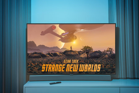 Star Trek:  Strange new worlds TV series on big tv screen. Star Trek television show at homeのeditorial素材