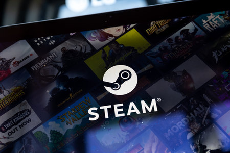 Steam app on PC screen. Steam is a video game digital distribution service and storefront by Valve.のeditorial素材