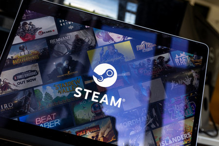 Steam app on PC screen. Steam is a video game digital distribution service and storefront by Valve.のeditorial素材