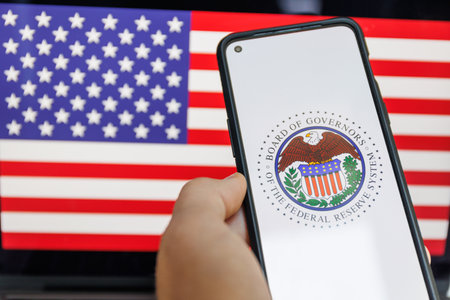Kaunas, Lithuania - 2022 July 22: FED logo on screen. The Federal Reserve System is the central banking system of the United States of Americaのeditorial素材