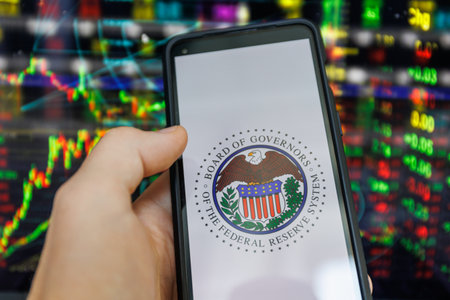 Kaunas, Lithuania - 2022 July 22: FED logo on screen. The Federal Reserve System is the central banking system of the United States of Americaのeditorial素材