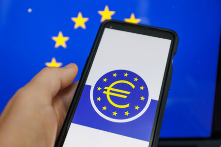ECB logo on screen. The European Central Bank is the prime component of the Eurosystem in European unionのeditorial素材