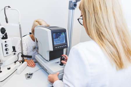Eye doctor checking vision with modern equipment. Eye examinationの写真素材