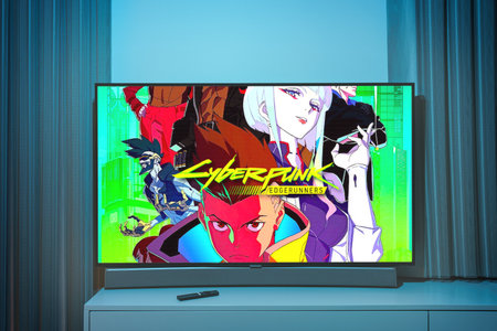 Kaunas, Lithuania - September 19, 2022: TV Series of Cyberpunk: Edgerunners played by Netflix on TVのeditorial素材