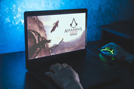 Assasin creed mirage new video game. Close up shoot of playing video game on PCのeditorial素材