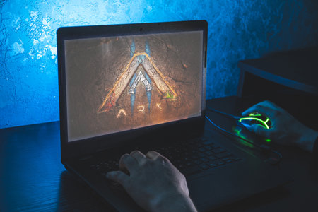 Ark 2 new video game. Close up shoot of playing video game on PCのeditorial素材