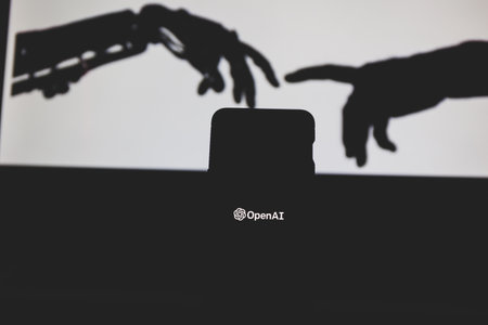 ChatGPT OpenAI on smartphone in conceptual Artificial intelligence futuristic backgroundのeditorial素材