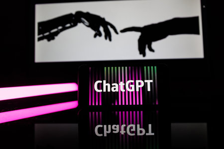ChatGPT OpenAI on smartphone in conceptual Artificial intelligence futuristic backgroundのeditorial素材