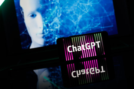 ChatGPT OpenAI on smartphone in conceptual Artificial intelligence futuristic backgroundのeditorial素材