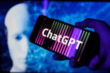 ChatGPT OpenAI on smartphone in conceptual Artificial intelligence futuristic backgroundのeditorial素材