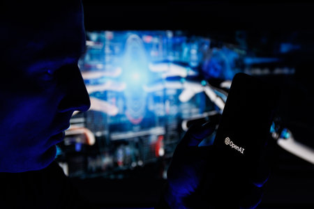Man silhouette holding smartphone with ChatGPT in futuristic background. ChatGPT is AI chatbot which is made by OpenAIのeditorial素材