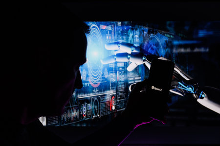 Man silhouette holding smartphone with ChatGPT in futuristic background. ChatGPT is AI chatbot which is made by OpenAIのeditorial素材