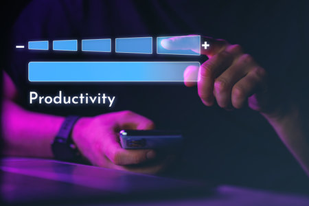 Man with smartphone try to increase productivity. The concept of company process development productivity. High quality photoの写真素材