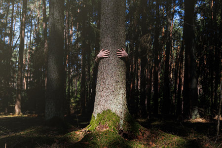 Human hug a tree in the dramatic light at the forest. Nature love. Earth day concept. Male hands touch old tree. High quality photoの写真素材
