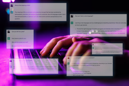 ChatGPT chat window. ChatGPT app on screen hologram from Laptop. Chatting with AI chatbot assistanceのeditorial素材