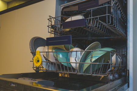 dirty dishes in the dishwasher. High quality photoの写真素材
