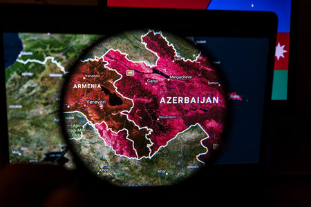 Armenia and Azerbaijan conflict visual view on Google maps in background of national flags