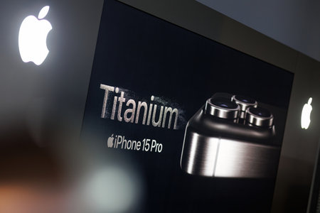 Iphone 15 Pro Titanium ad banner. Iphone smartphone