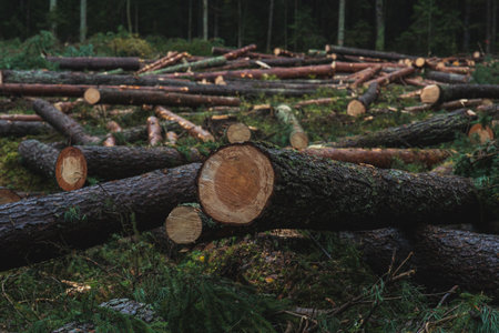 Cut down pine trees. Landscape of cut down trees in the forest. High quality photoの写真素材