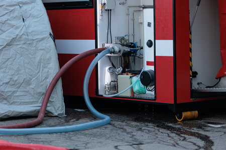 Close-up of pipes, gauges, and hoses connected to the open utility compartment of a red and white...