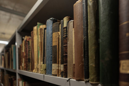 A row of old, worn books with faded and tattered covers, lined up closely on a library or archive shelf in a dimly lit room.の写真素材