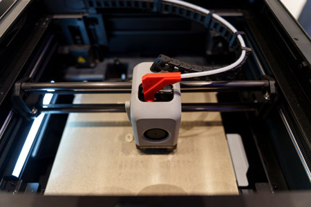 A top-down view of a 3D printer in operation, clearly showing the print head moving along rails...