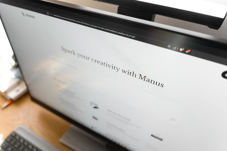Meta Manus AI platform on a computer screen, featuring the slogan Spark your creativity with Manus and task options, representing artificial intelligence and content creation.のeditorial素材