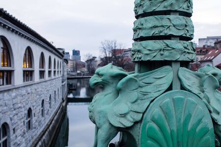 Ornament shot on a Dragon bridge in Ljubljanaの写真素材