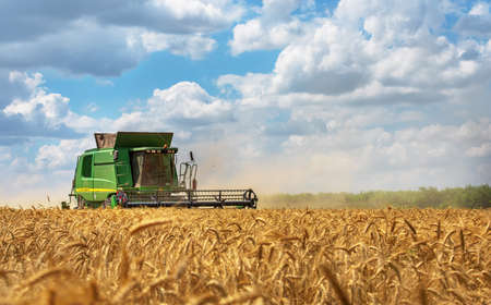 Dobrich, Bulgaria - July 08: Modern John Deere combine harvesting grain in the field near the town Dobrich, Bulgaria July 08, 2016のeditorial素材