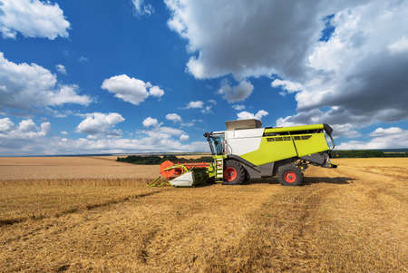 Combine harvester in action on wheat field.のeditorial素材