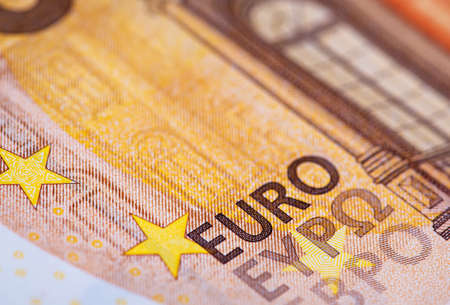 Euro bills print detail taken in macro shot. Cash, European Union, money concept.の写真素材
