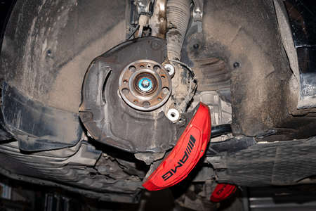 Varna, Bulgaria - Feb 05, 2021 : Detail of Mercedes-Benz AMG S63 Coupe wheel. Dream Car Collection. Disc brake of the vehicle for repair, in process of new tire replacement.のeditorial素材