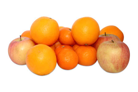 Group closeup colorfull orange and apple on white backgroundの写真素材