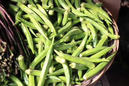 A bunch of lady's finger vegetables in a traditional cage.の写真素材