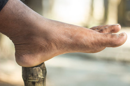 A human foot on an old bamboo pole and the background is blurred