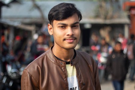 Bangladesh, Rangpur- January 26, 2022. A handsome young boy standing in a leather jacket and the background is blurred.のeditorial素材