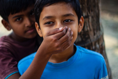 Indian boys covering their mouth with their hands. Selective focus.のeditorial素材