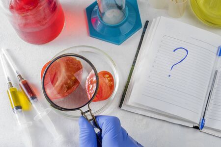 Close up of male scientist hands with magnifier making test in lab. Nearby lies a notebook for notesの写真素材