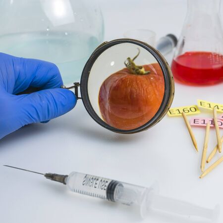 Close up of male scientist hands with magnifier making test in lab.の写真素材