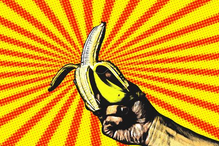 Retro pop art poster. Man's hand holds a bananaの写真素材