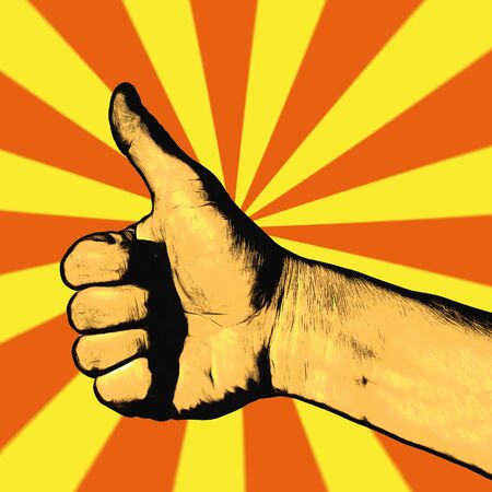Retro pop art poster. Male hand makes a hitchhiking signの写真素材