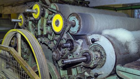 Close-up device of a wool production machine. Traditional woolen factory