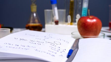 Photo Notepad with the chemical formulas of additives E, test tubes and syringes, red apple next to...