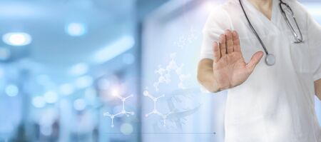 Photo The doctor shows a stop gesture. DNA. Digital healthcare, modern virtual screen interface, medical technology and network concept.の写真素材