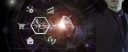 Photo Businessman drawing customer global structure networking connection on digital data hologram screen, plan and strategy, innovative, DIgital marketing technology conceptの写真素材