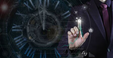 Photo businessman clicks on a virtual button to buy bitcoin. business, technology and internet...
