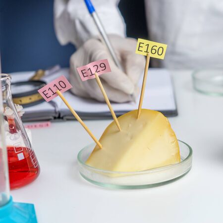 Healthy eating concept. The cheese is decorated with E. Food Laboratory supplement nameplates.